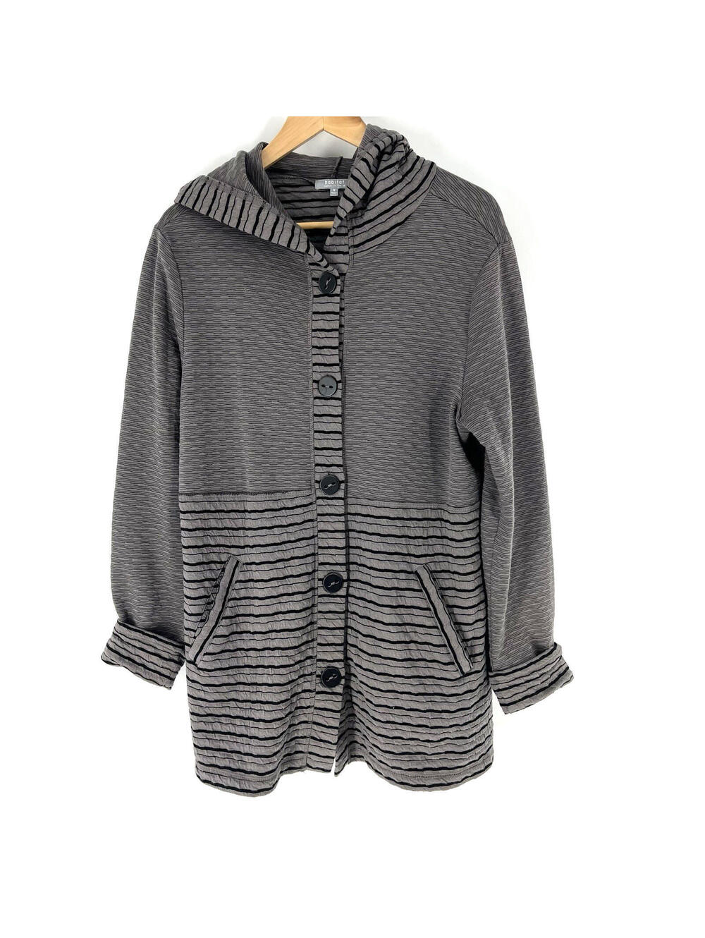 Habitat Hoodie Sweatshirt Size Medium Womens Gray Black Stripe Pockets Cardigan